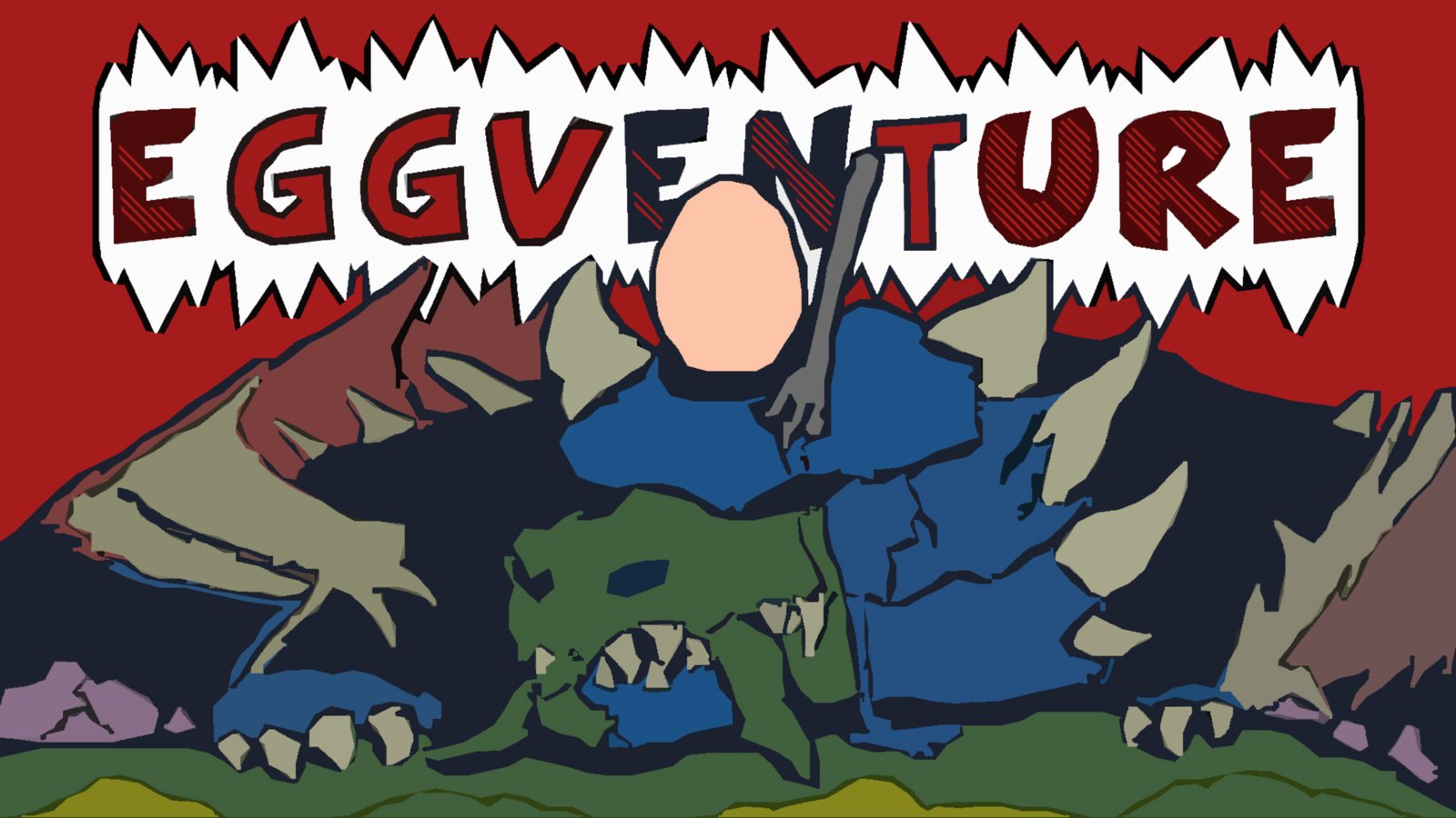 Eggventure key art: Egbert the egg raises a kitchen knife while standing on the back of a huge fallen beast